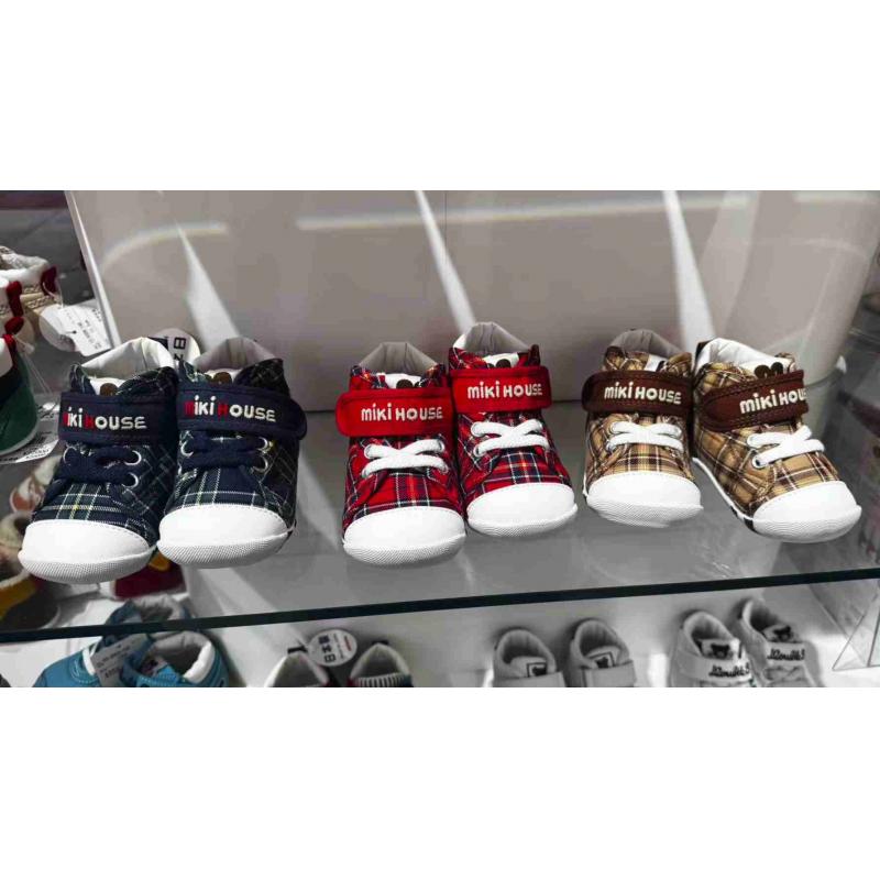 代购：MIKIHOUSE 日本制柜台款 一段学步鞋 格子款拼色 多尺码可选（13-9301-496）